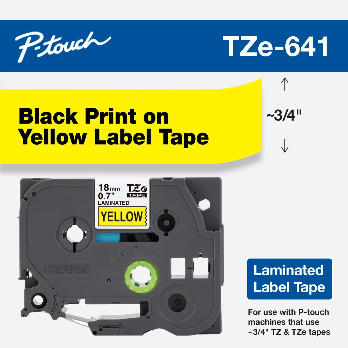 Brother Genuine P-Touch TZE-641 Tape, 3/4" (0.7") Standard Laminated P-Touch Tape, Black on Yellow