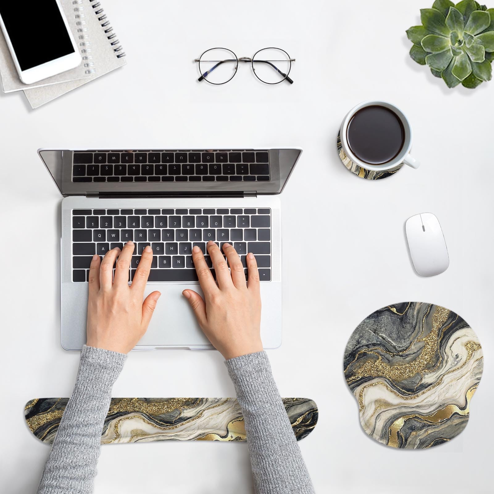 Britimes Ergonomic Mouse Pad Set with Wrist Rest, Black Gold Marble