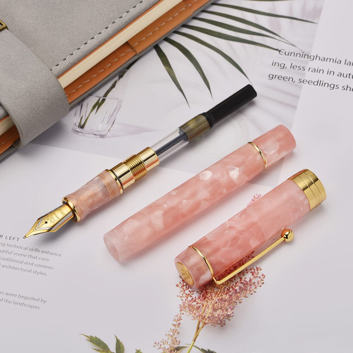 Jinhao 100 Fountain Pen Classic Style Pink Marble Acrylic, Fine Point with Converter and Gold Trim