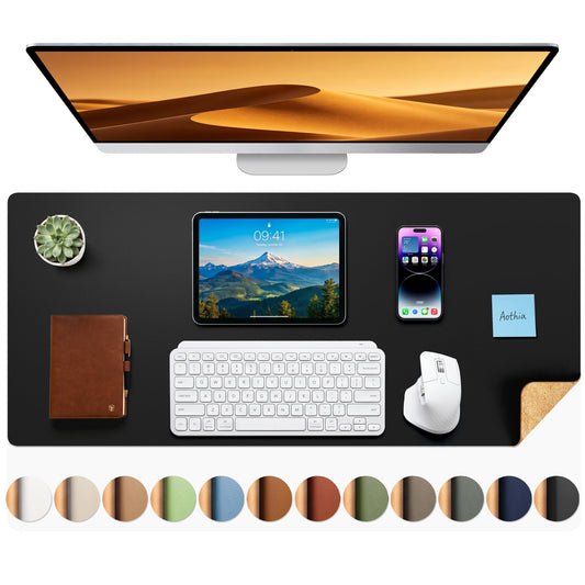 Aothia Dual-Sided Desk Pad - 35.4 x 15.7 inches Leather Desk Mat, Natural Cork Desk Pad Protector