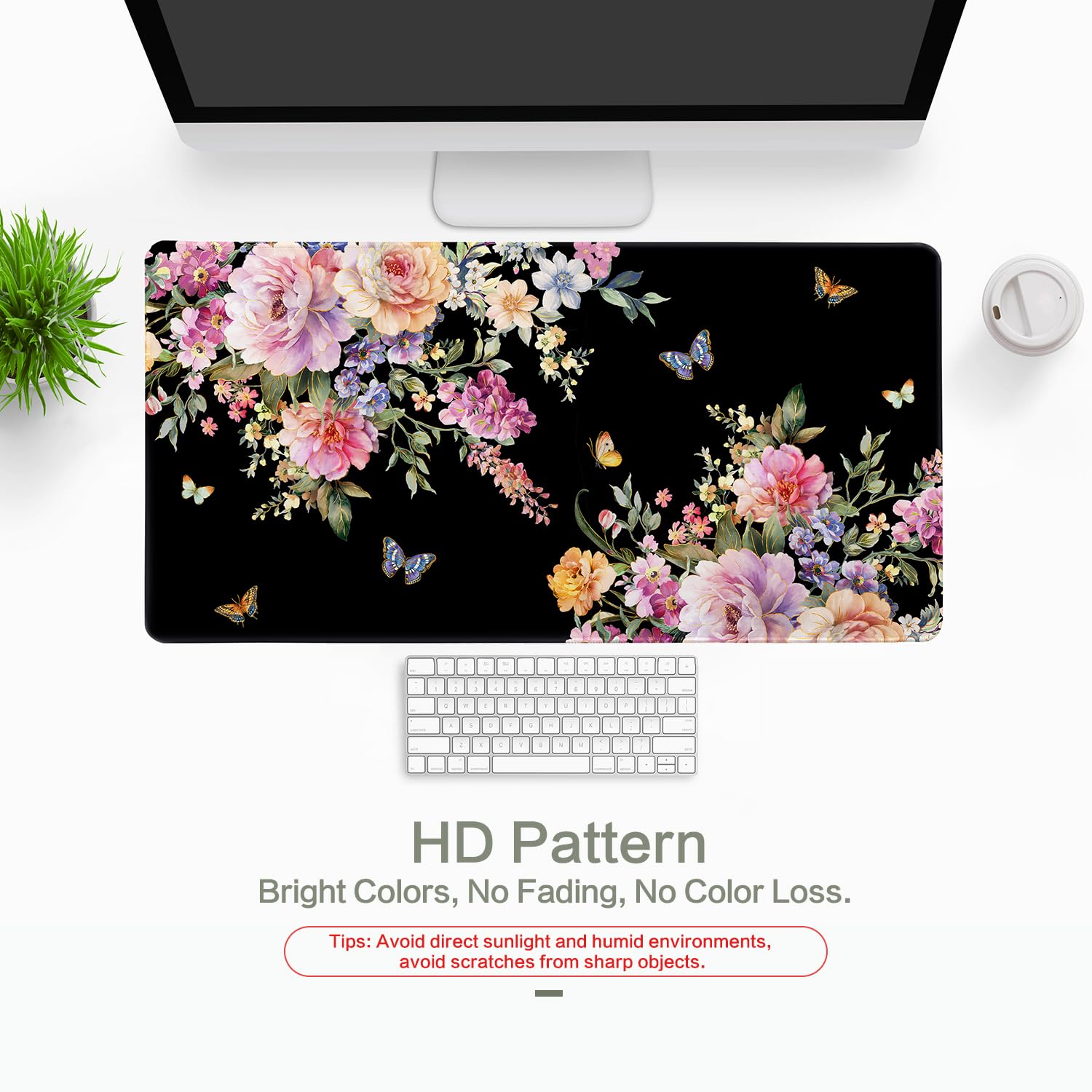 Pink Flower Desk Mat Mouse Pad Waterproof, Butterfly Floral XXL Extended Large Gaming Desk Pad