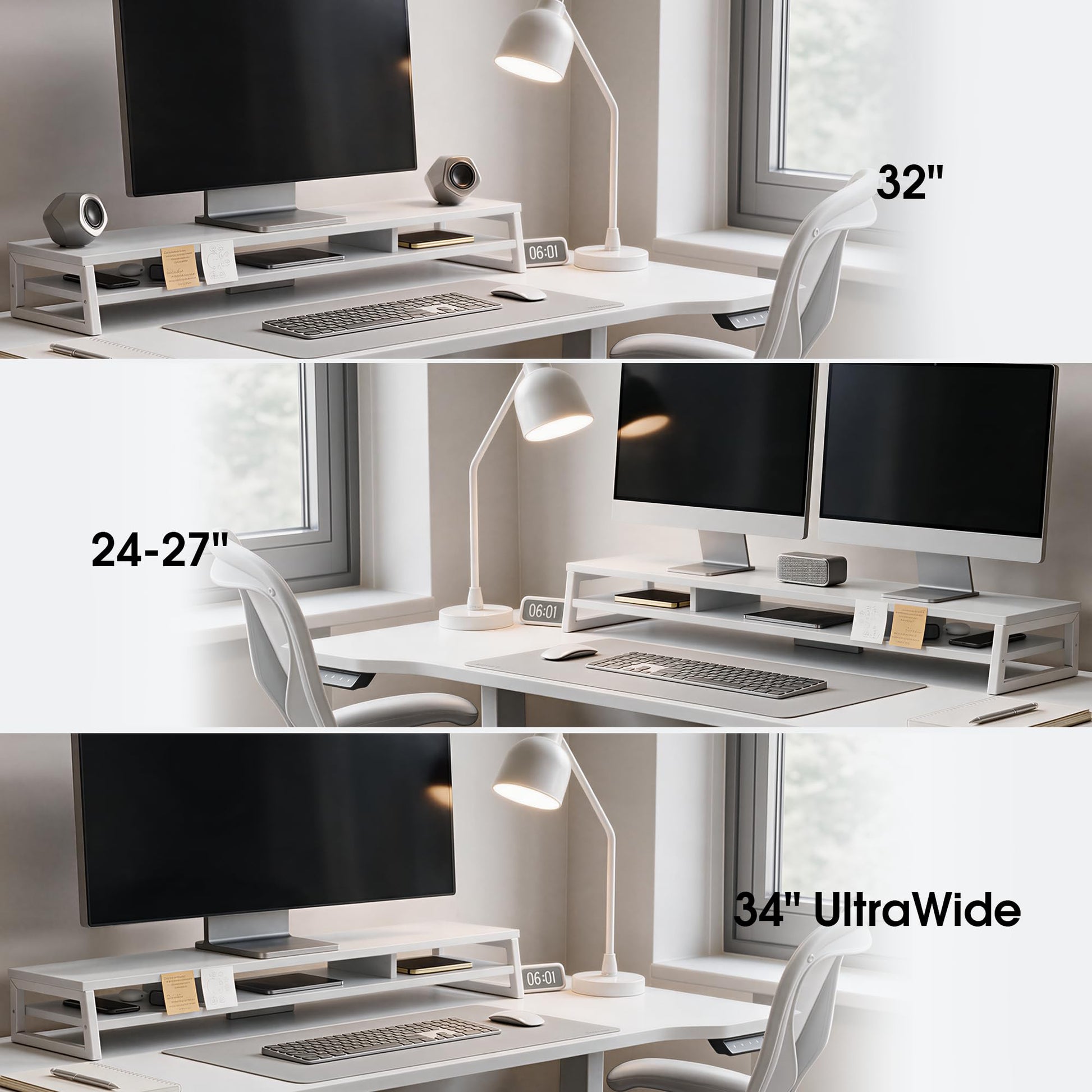 Fenge Dual Monitor Riser for Desk, Open Shelf with 3 Storage Compartments