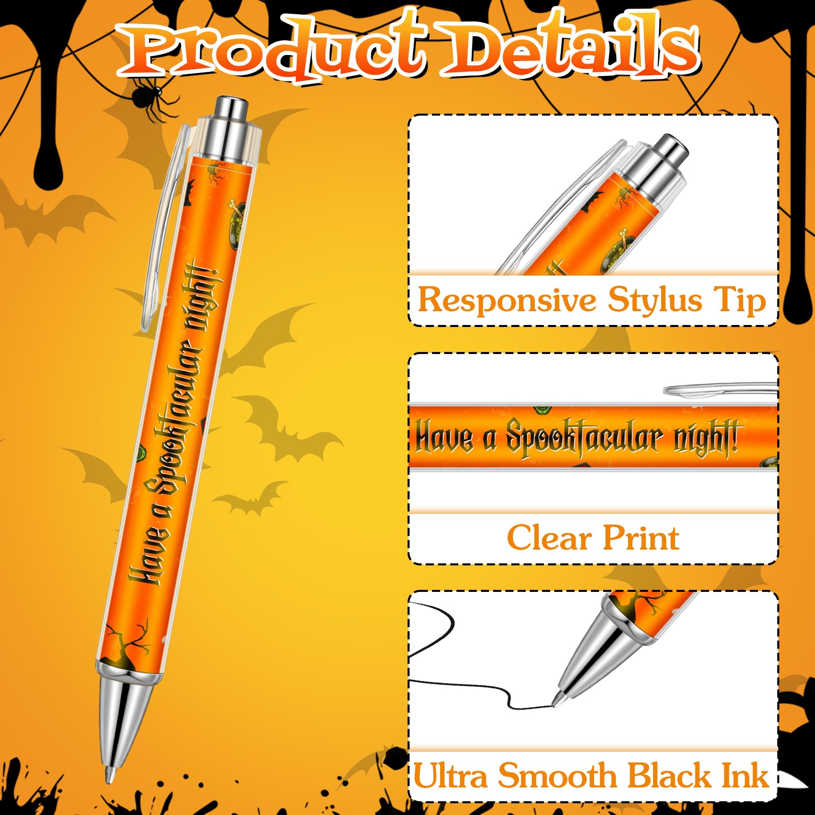 Cholemy 48 Pcs Halloween Pens Bulk Retractable Pumpkin Novelty Black Ink