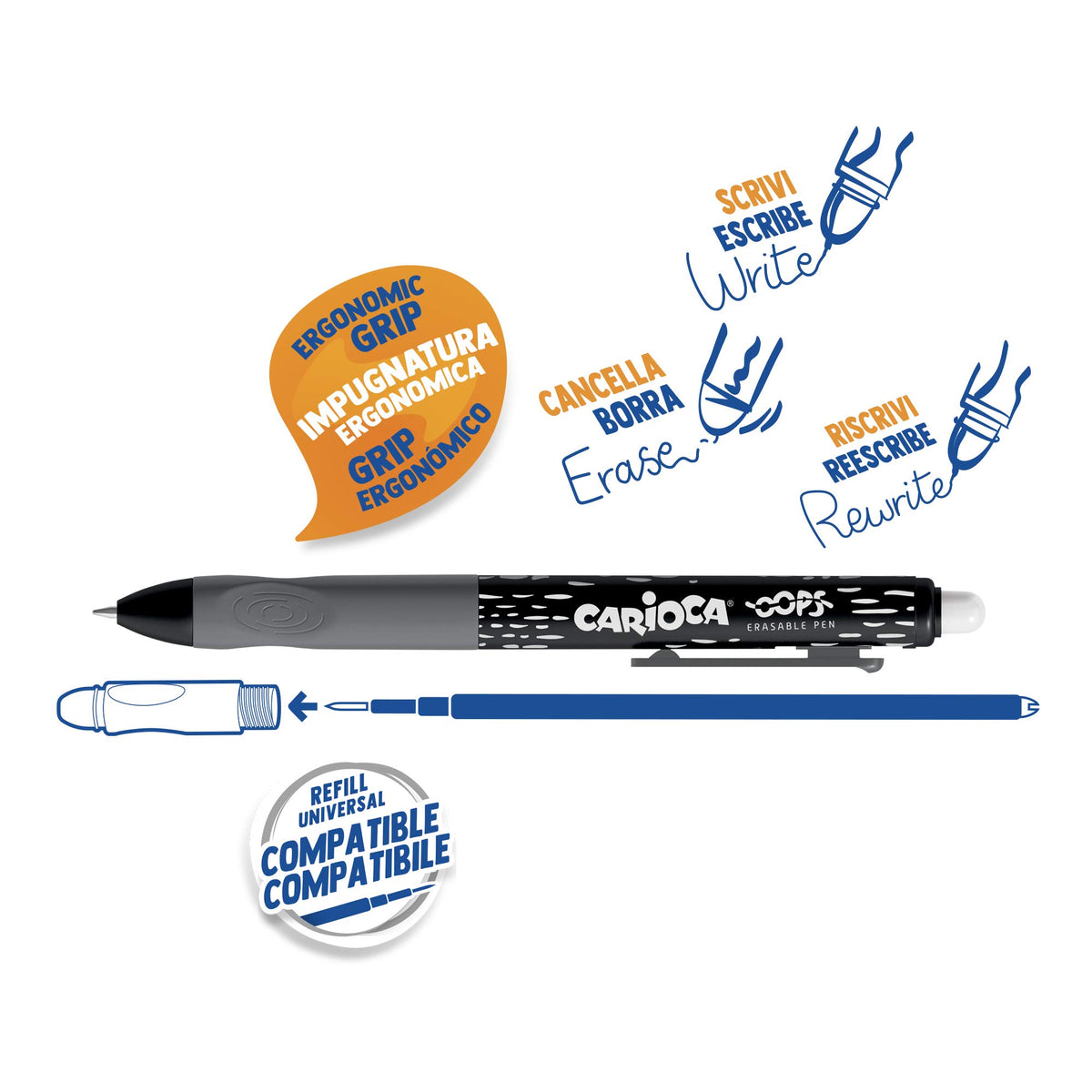 Carioca Oops Retractable Black | Erasable Refillable Retractable Ballpoint Pens Set for School
