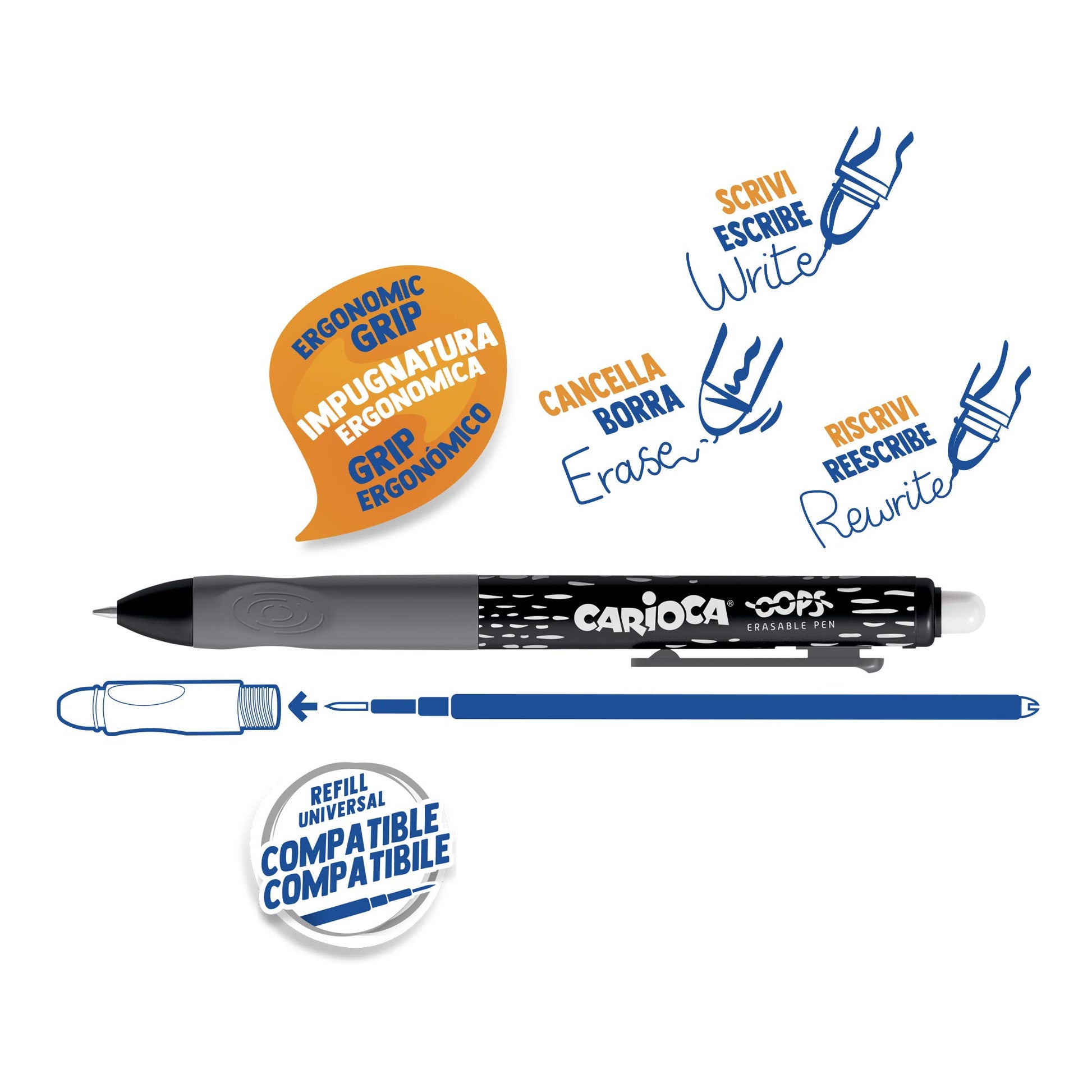 Carioca Oops Retractable Black | Erasable Refillable Retractable Ballpoint Pens Set for School