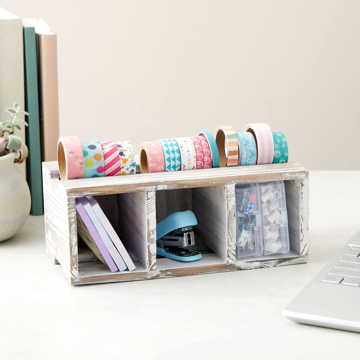 Juvale Farmhouse Decor 3-Compartment Pencil Holder & Desk Organizer - 9.5 x 4.25 x 4 in - Cedarwood
