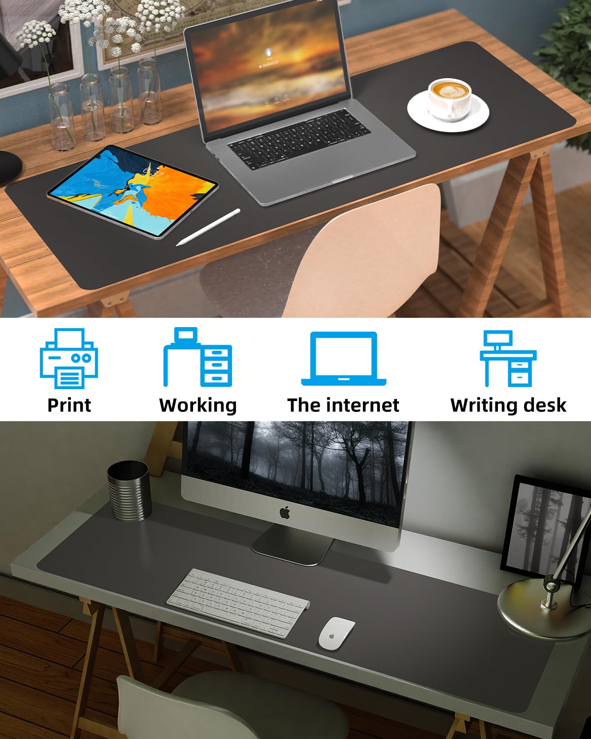 Leather Desk Pad Protector,48"x 17"Desk Mat Large, Mouse Pad, Non-Slip PU Leather Desk