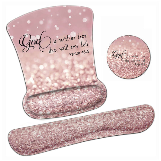 Ergonomic Mouse Pad Wrist Support Gel and Keyboard Wrist Rest Set Psalm 46:5 God is Within Her, She