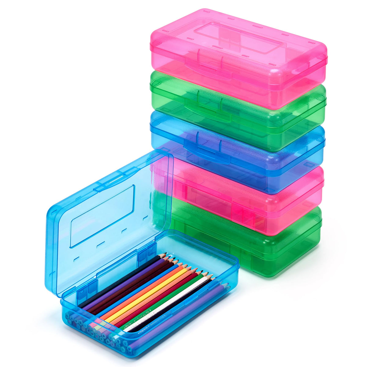 GAMENOTE Plastic Pencil Box with Snap-tight Lid, (Blue/Green/Pink) 6Pack