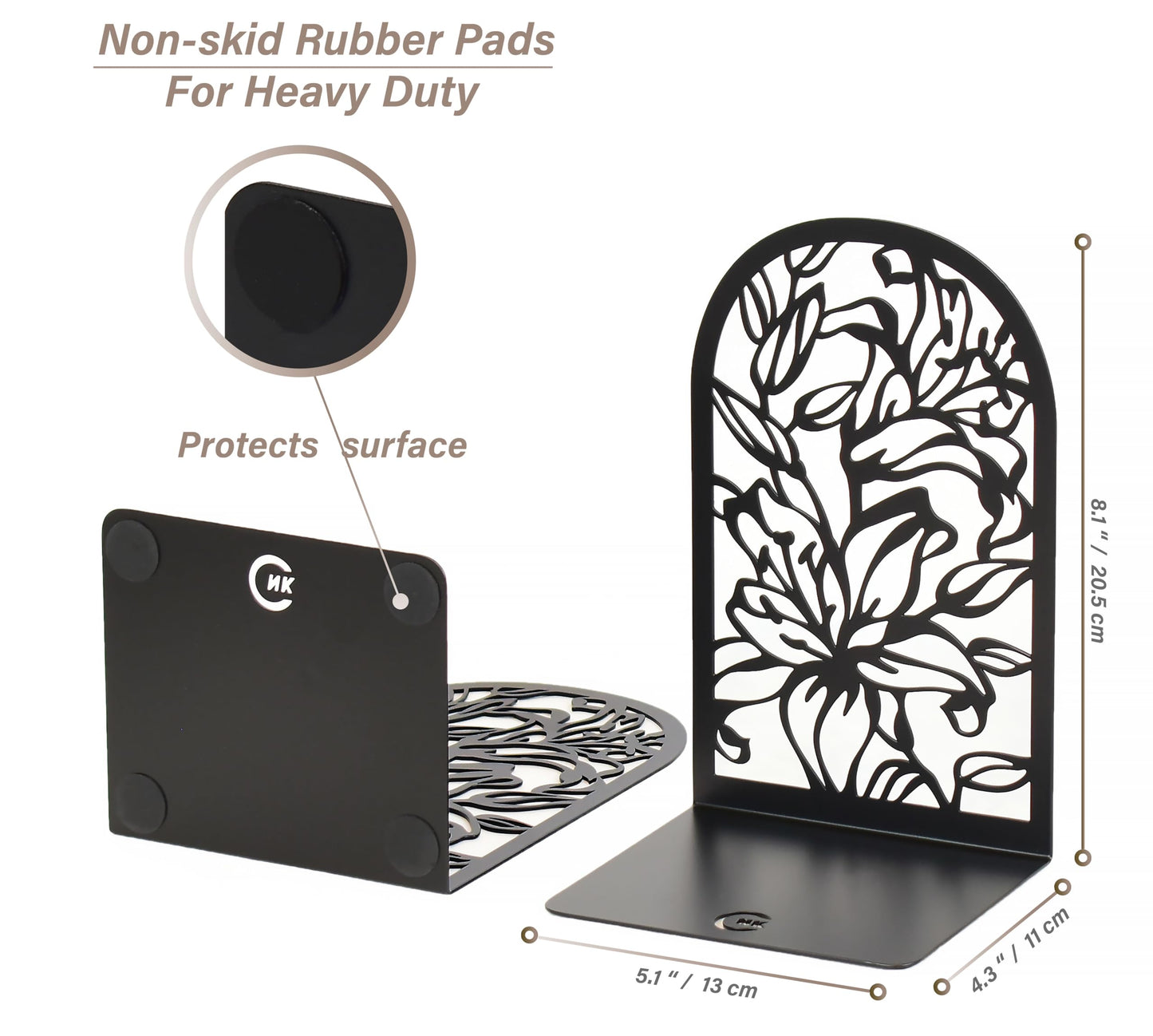 CNK Premium Bookends for Home Office, Heavy Books, Decorative Book Stoppers, Lily Flower Black