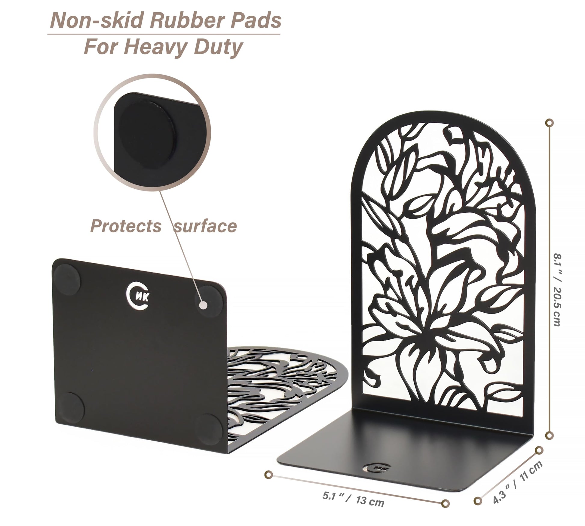 CNK Premium Bookends for Home Office, Heavy Books, Decorative Book Stoppers, Lily Flower Black