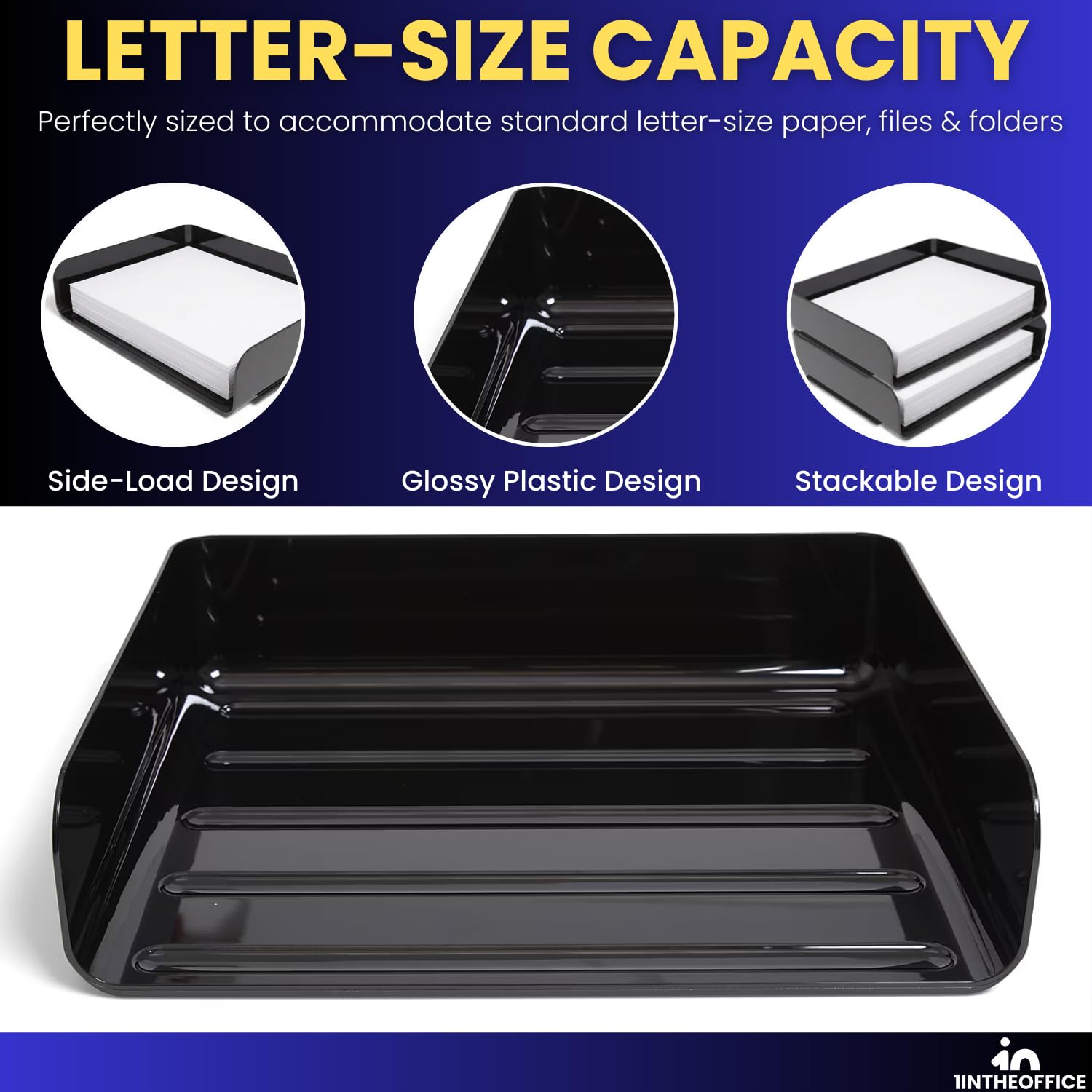 1InTheOffice 2-Tier Letter Tray Desk Organizer, Stackable, Side Load, Black, 2 Pack