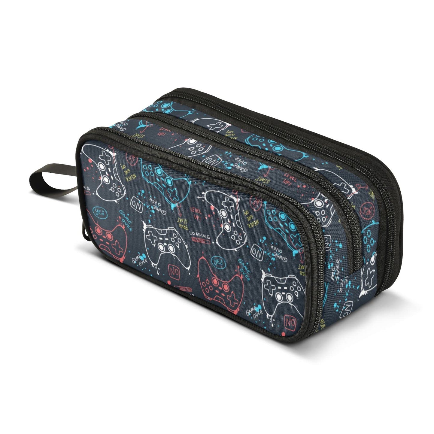 Sletend Pencil Case Big Capacity Gaming Gamepad Pattern Handheld 3 Compartments Pencil Pouch