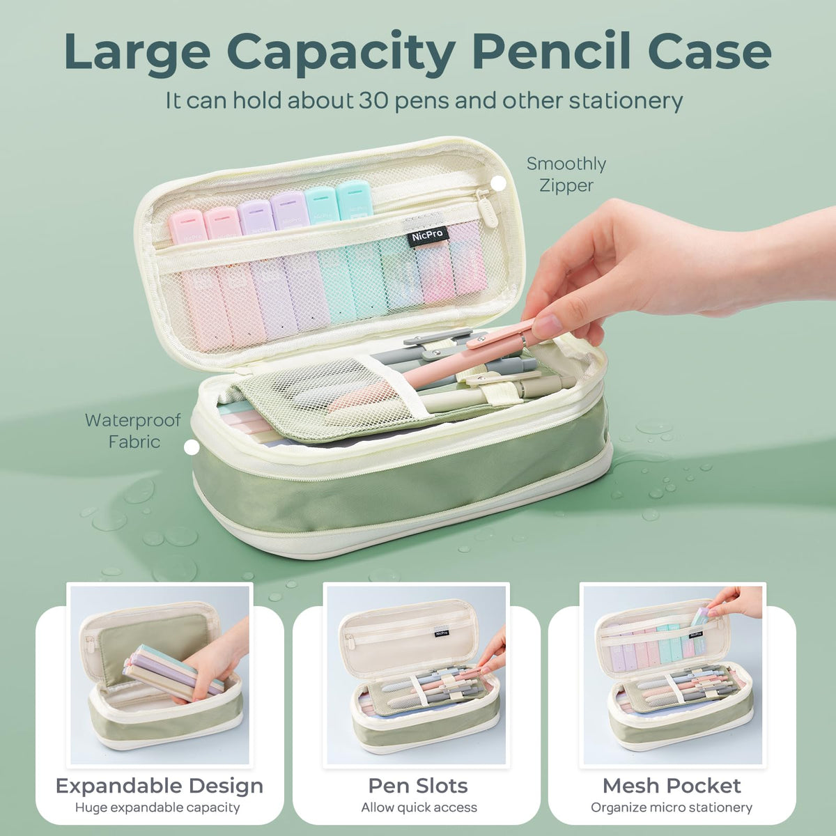 Nicpro Aesthetic School Supplies Stationary Set with Pen Case, 39 PCS Green
