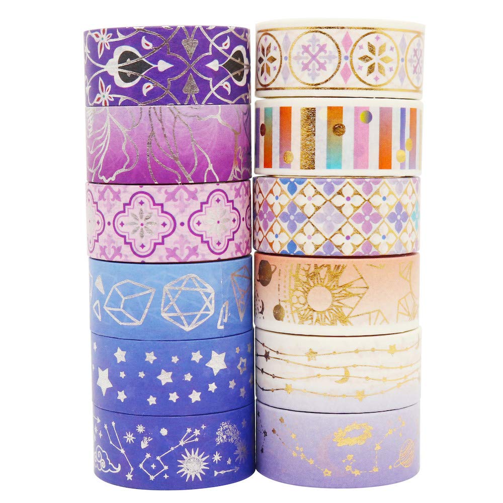 YUBBAEX Galaxy Washi Tape Set Purple Stars Decorative Tapes Silver Gold Foil Masking for Arts, DIY