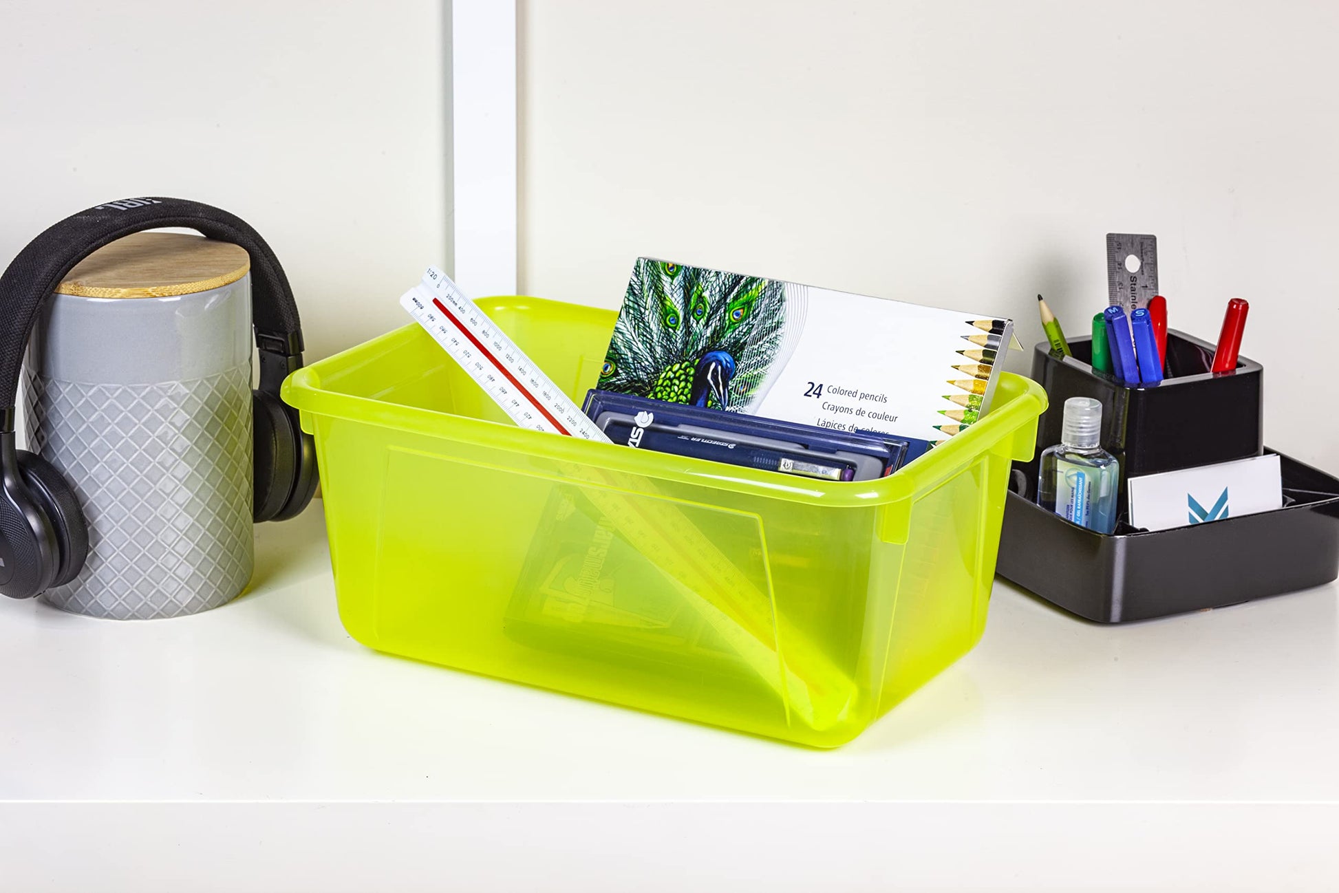 Storex Small Cubby Bins – Plastic Storage Containers for Classroom with Non-Snap Lid, 12.2 x 7.8 x