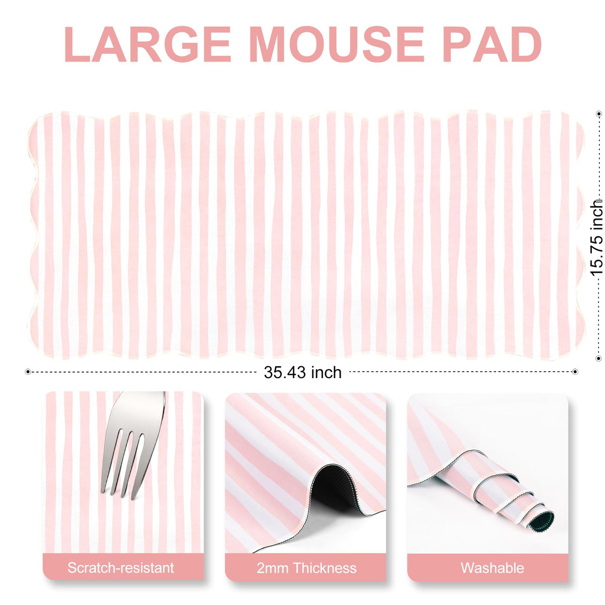 L-SPOUTTO Pink Striped Mouse Pad,Scalloped Desk Mat XXL Large Geometric Gaming Mousepad,35.4x15.7in