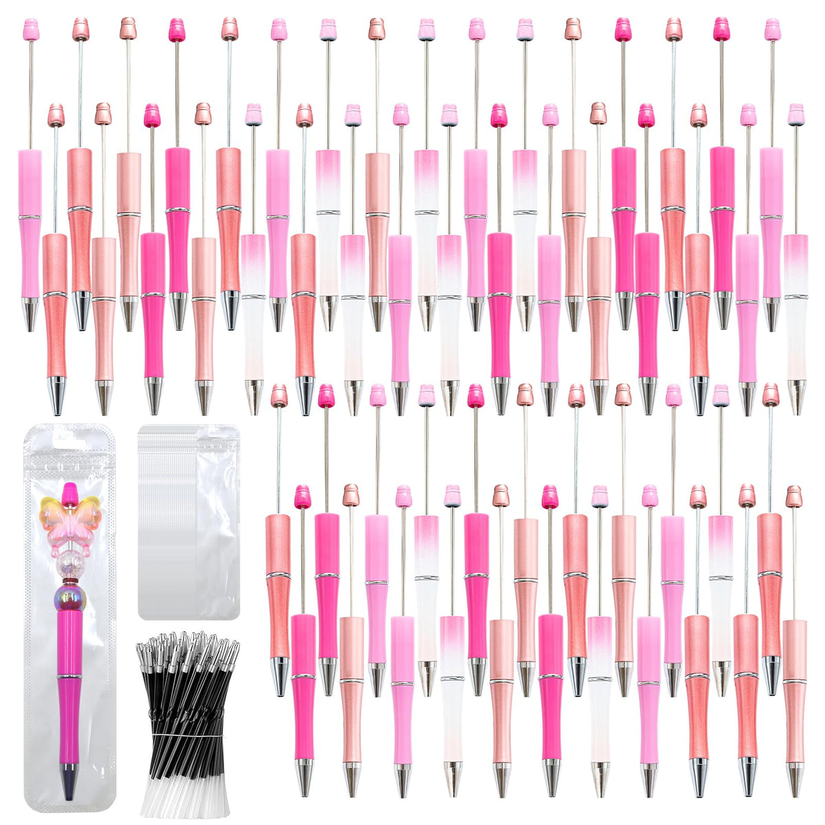 DASTTUIS 150 Pieces DIY Beadable Pen Kit – 50 Plastic Ballpoint Pens with Refills & Bags – School