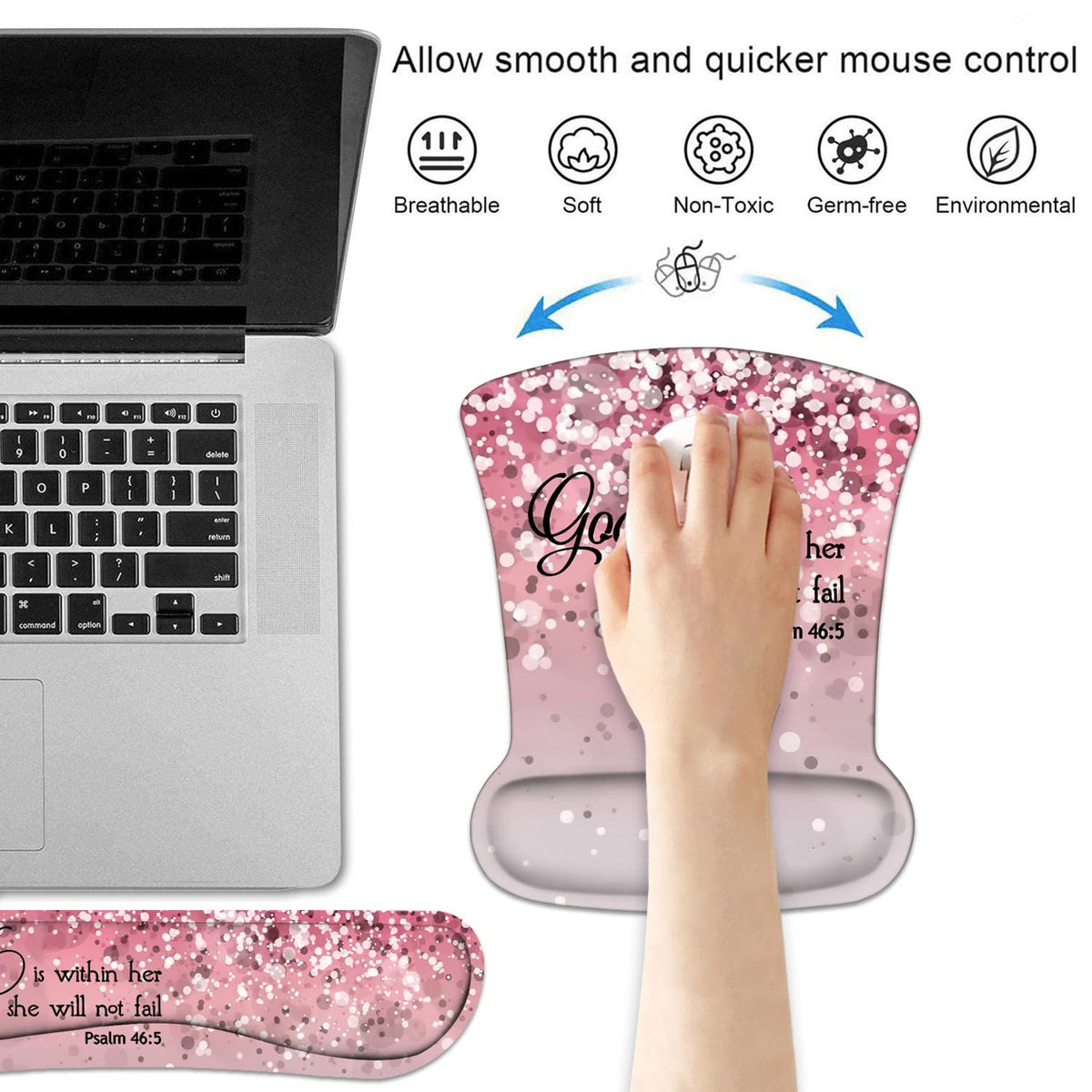 Keyboard Wrist Rest and Mouse Pad Wrist Support Set with Coasters, Bible Verses Psalm 46:5 with
