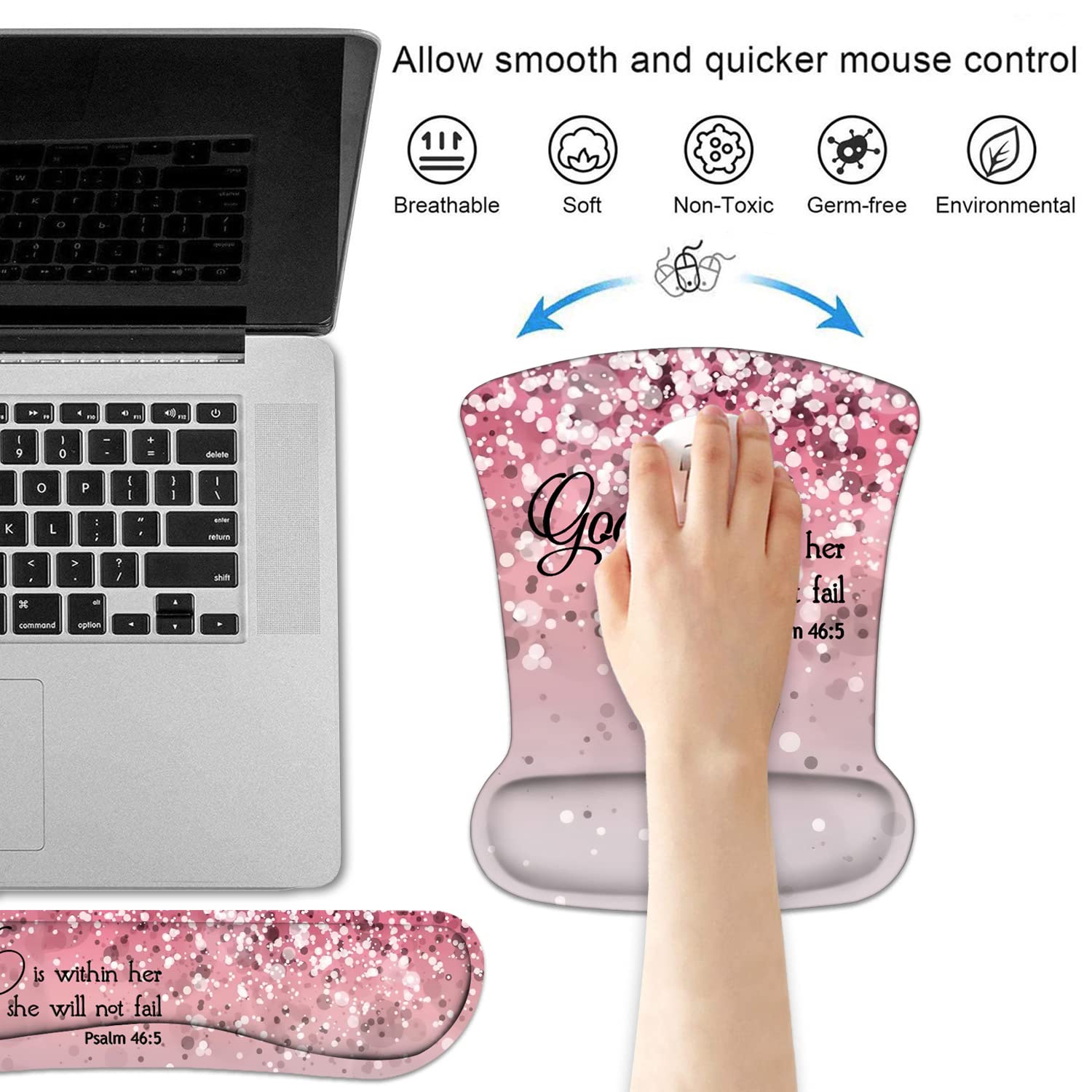 Keyboard Wrist Rest and Mouse Pad Wrist Support Set with Coasters, Bible Verses Psalm 46:5 with