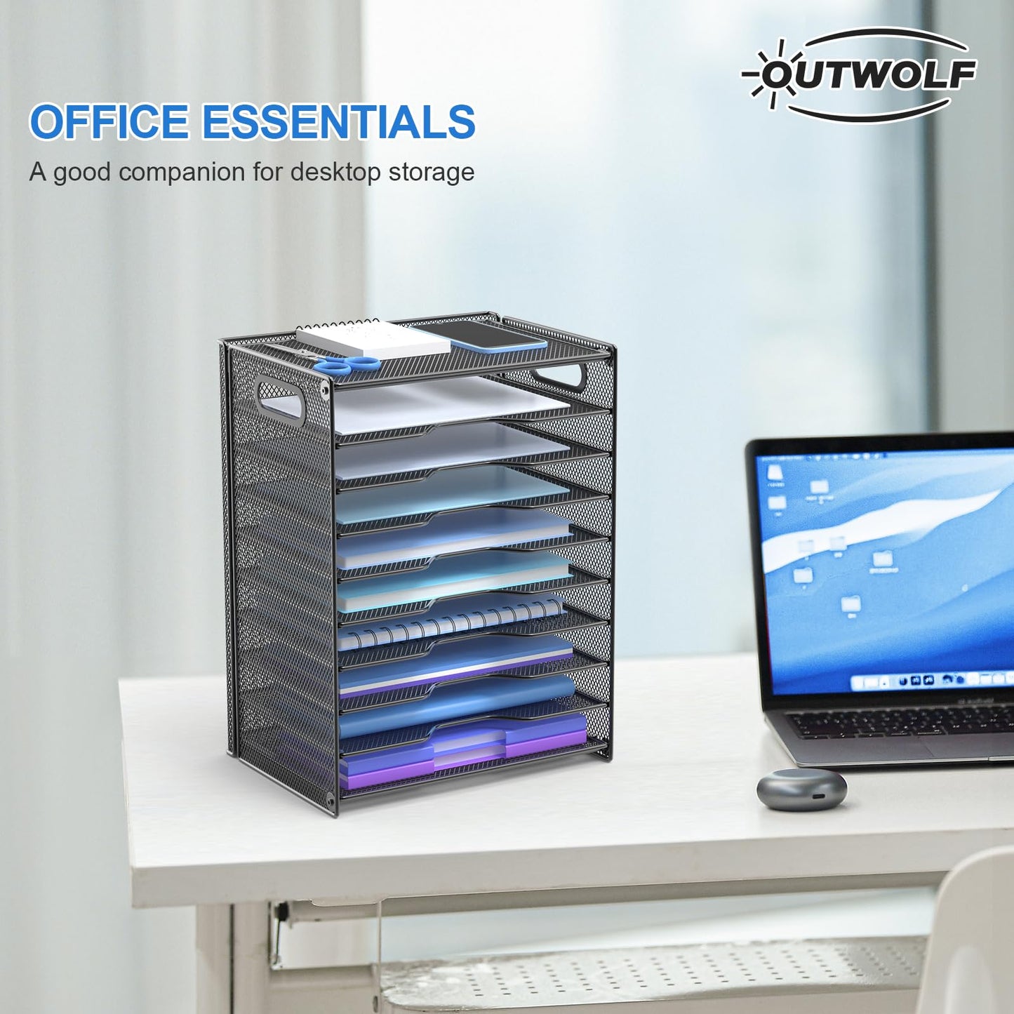 OUTWOLF 10 Tier Paper Organizer - Letter Tray Mesh Desk File Organizer with Handles for Office