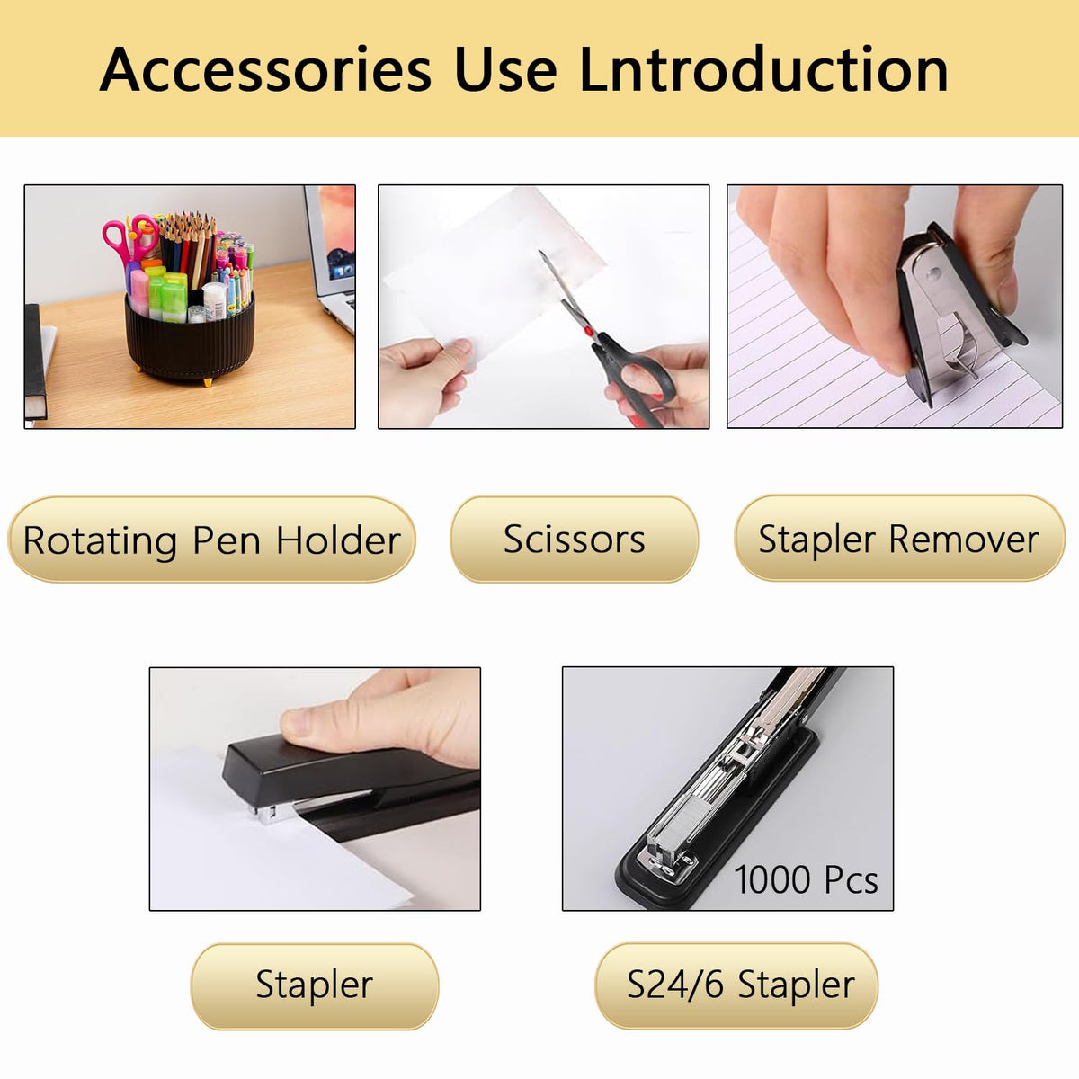 Office Supplies,Black Desk Accessories,Office Supplies Set,Desk Organizer,Stapler,Tape