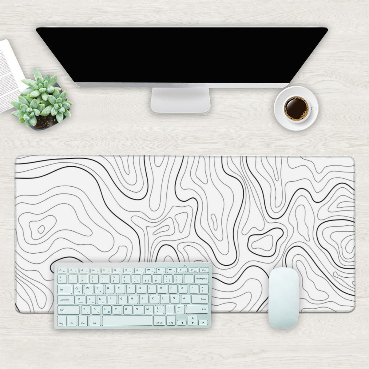 Desk Mat, White Topographic Contour Map Extended Gaming Mouse Pad Large, 35.4"x15.7" Big Mouse Pad