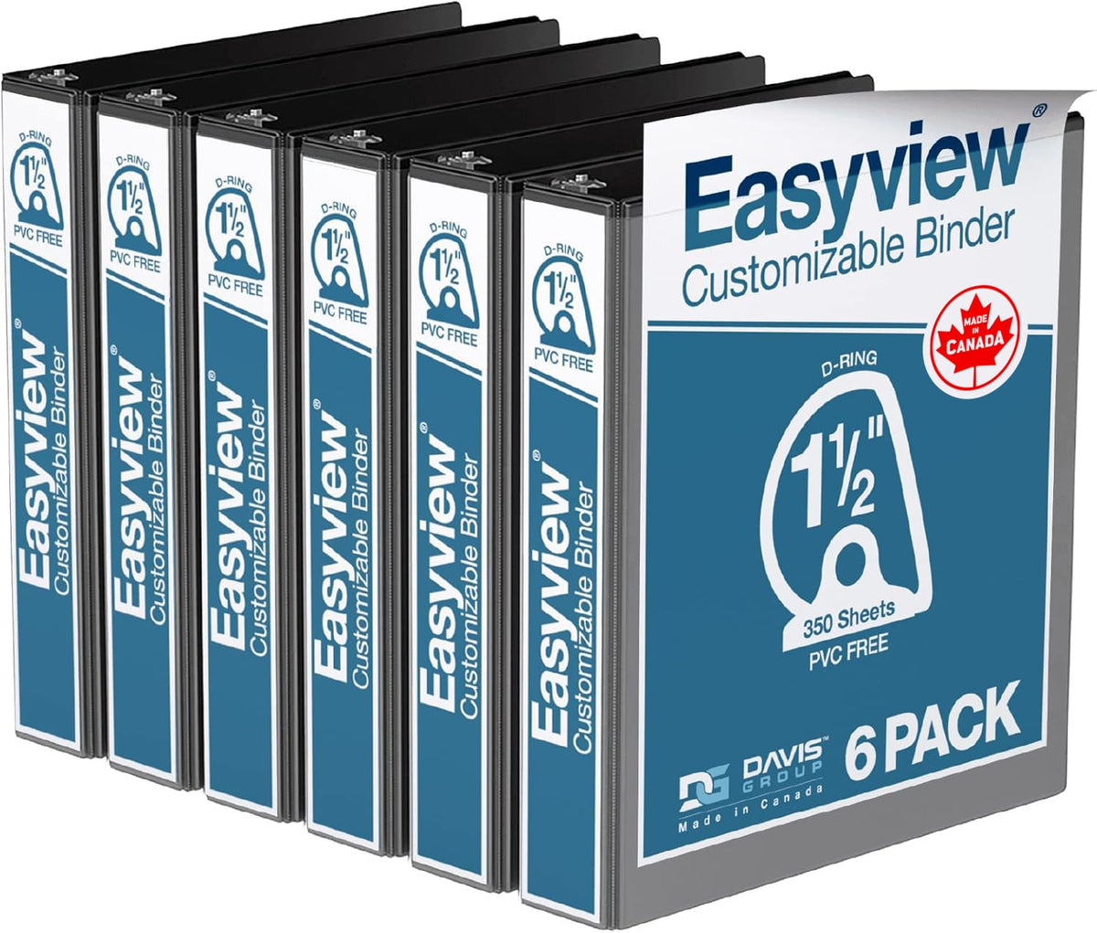 Easyview 3-Ring Binder, Clear-View Cover, 1.5" D Rings, Black, 6 Pack