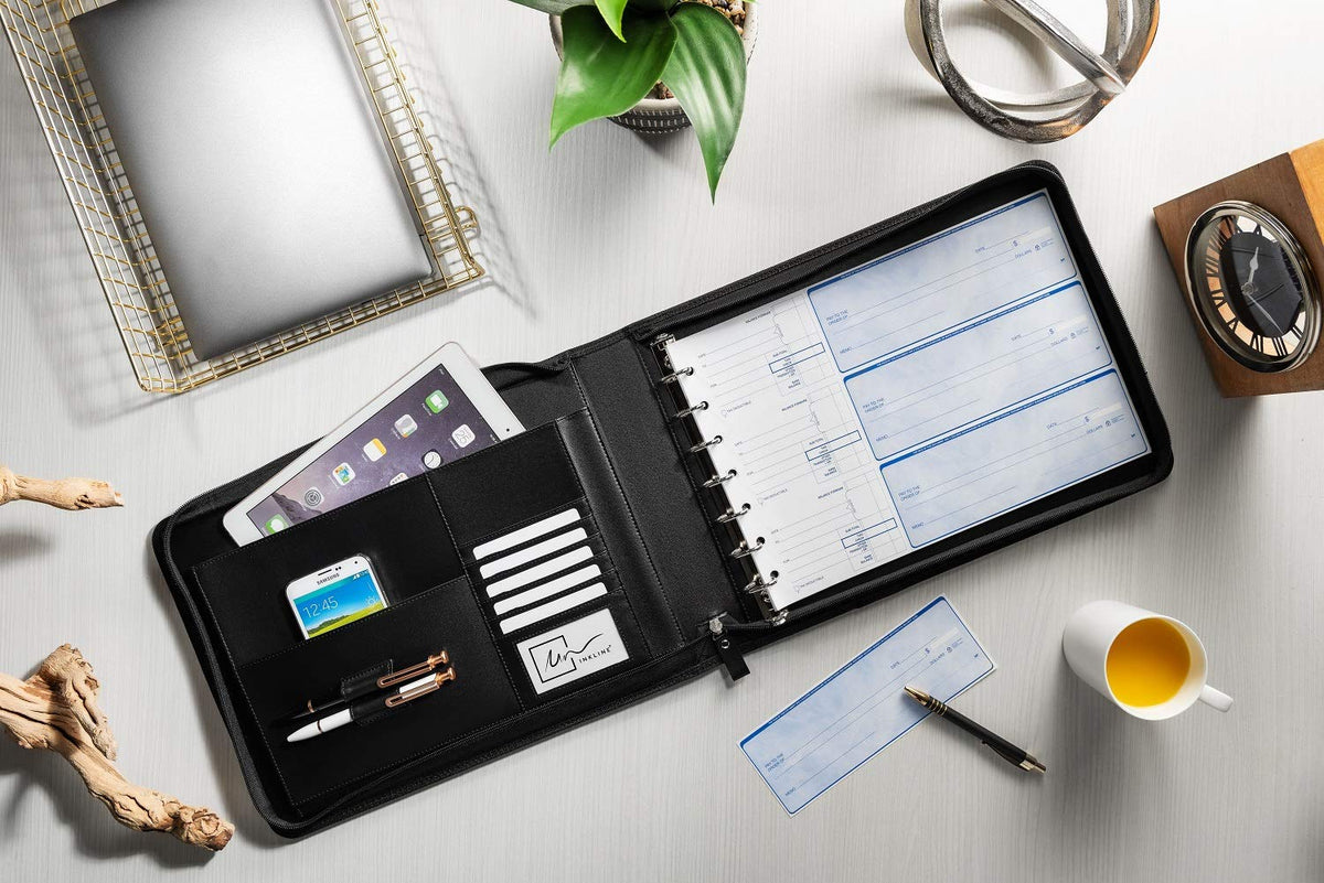 Inkline 7 Ring Check Binder Portfolio -Professional PU Leather Binder with Zippered Closure -500