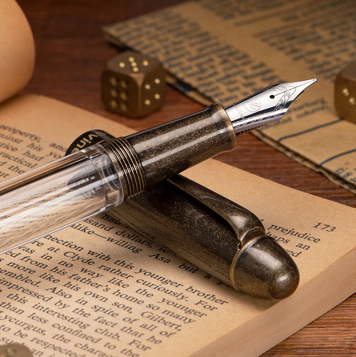 Asvine P30 Piston Fountain Pen Medium Nib, Retro Brass Style, Transparent Acrylic Large Ink