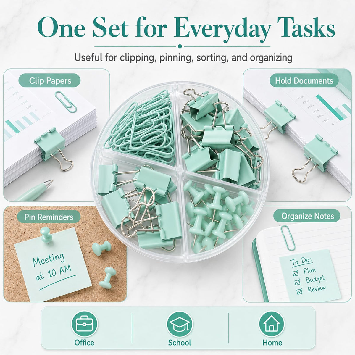 Creechwa Paper Clips Binder Push Pin Set, Assorted Sized Binder Clips