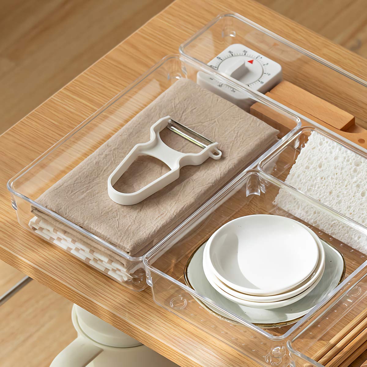 Kingrol 4-Pack Clear Drawer Organizer Bins, 15 x 6 x 2 Inch Desk & Kitchen Drawer Dividers for