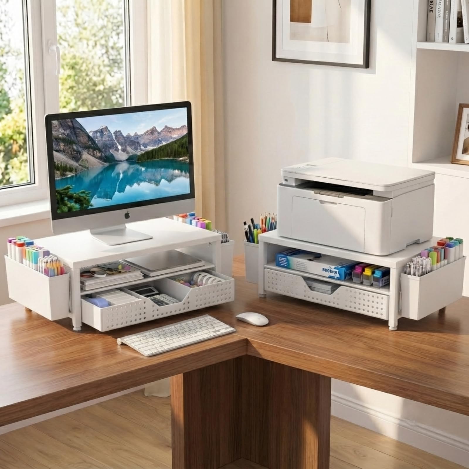 ECOLOVI Desk Organizer and Accessories, 2-Tier Computer Monitor Stand Rise with Storage Drawer & 2