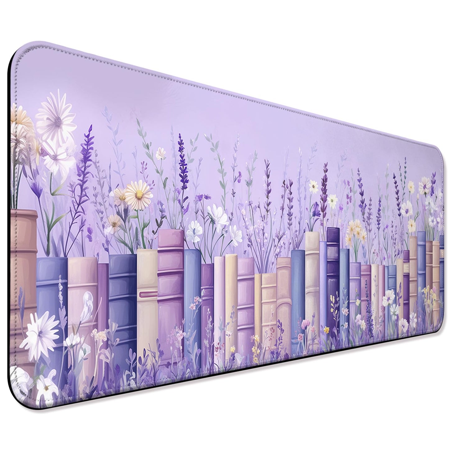 JIANG100 Pretty Wildflower and Book Gaming Desk Mat & Mouse Pad, Purple, XL