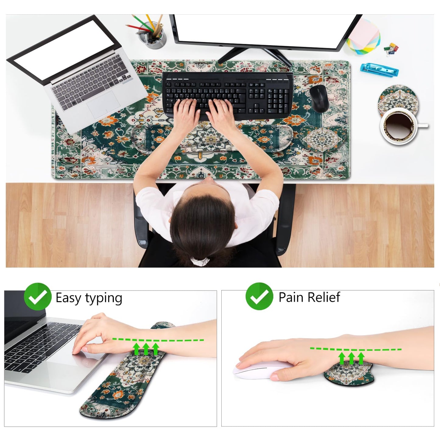 AIMSA Desk Mat Set, Large Mouse Pad + Mouse Wrist Rest + Keyboard Wrist Support + Coaster, 4in1 Rug