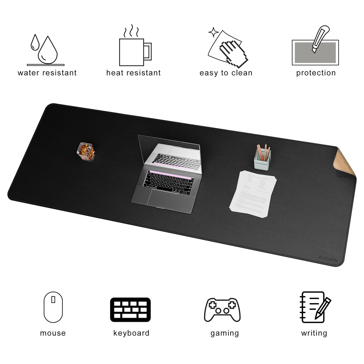 Chihein 67” x 24” Cork & PU Leather Desk Mat (Black) - Huge Mouse Pad, Double Sided Waterproof Desk