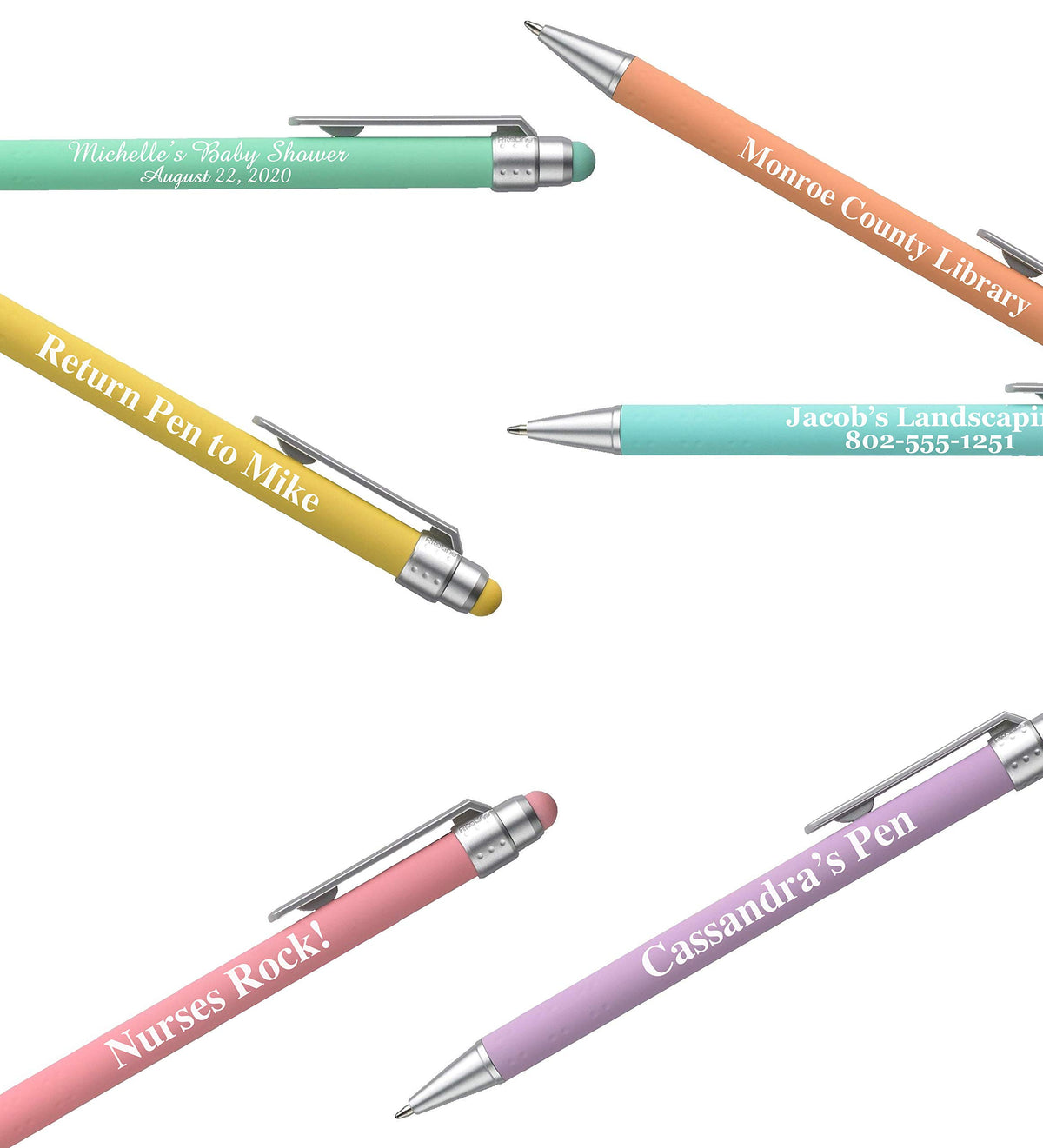 ExpressDesigns™ - Pastel Personalized Pens with Stylus - Soft Touch Design - Custom Printed Name
