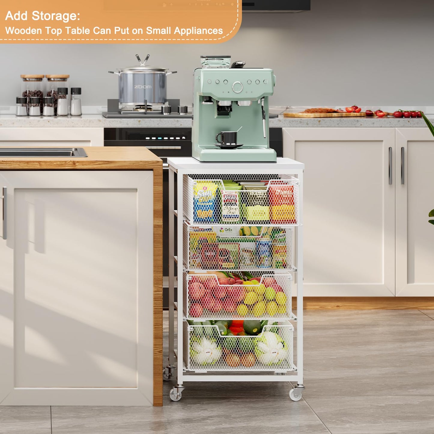 4-Tier Kitchen Storage Cart - Fruit Vegetable Storage Cart with Drawers, Wooden Top Metal Wire