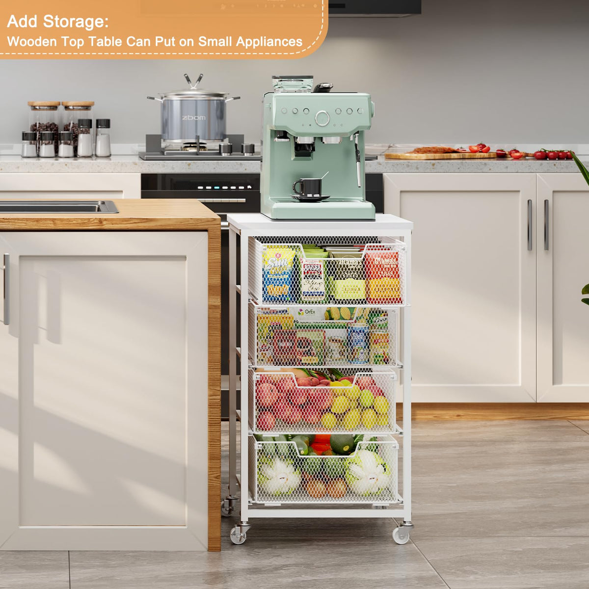 4-Tier Kitchen Storage Cart - Fruit Vegetable Storage Cart with Drawers, Wooden Top Metal Wire