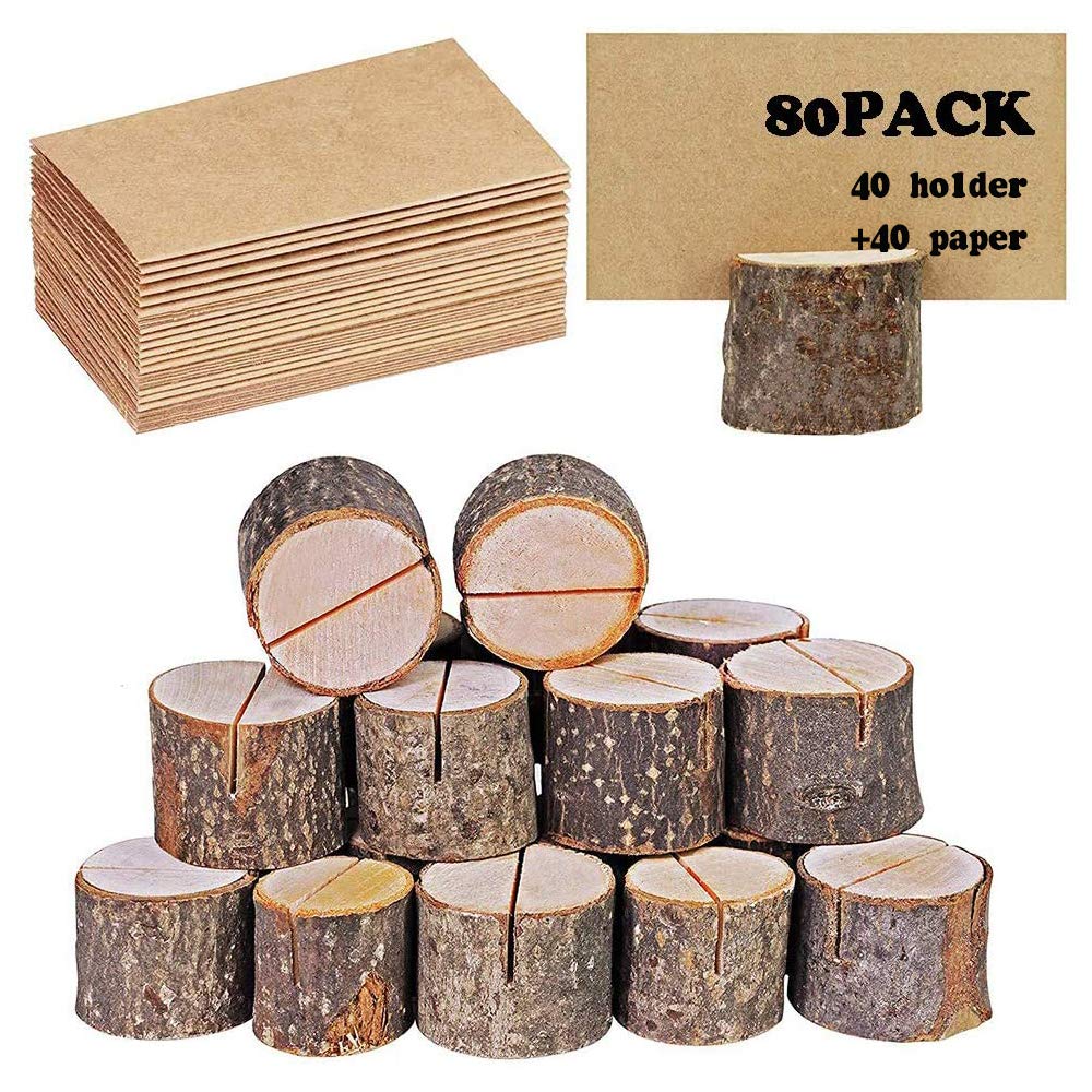 whatUneed 40 Sets Place Card Holders, Rustic Real Wood with Wooden Bark Table Card Holder, Number