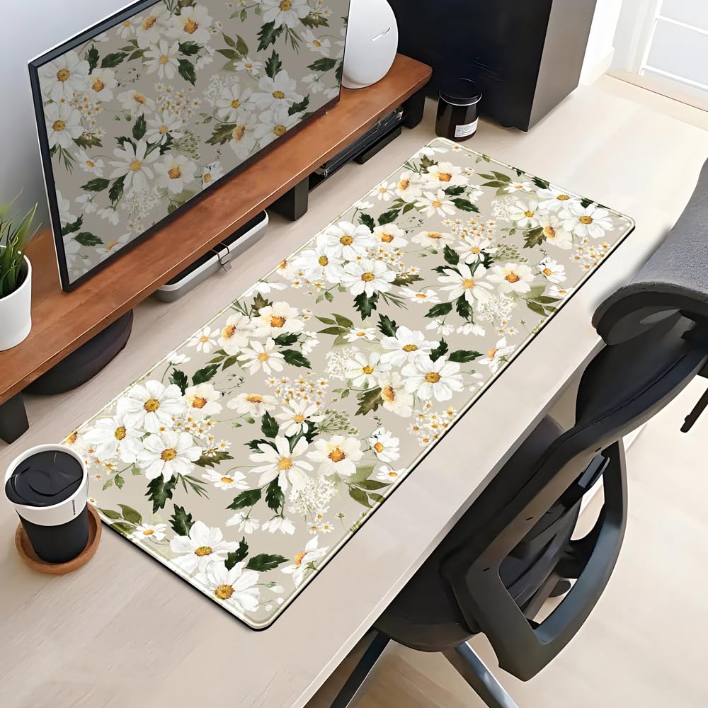 Daisy Floral Daisies Large Mouse Pad Watercolor Flowers Desk Mat, Washable Mousepad LYC Cloth