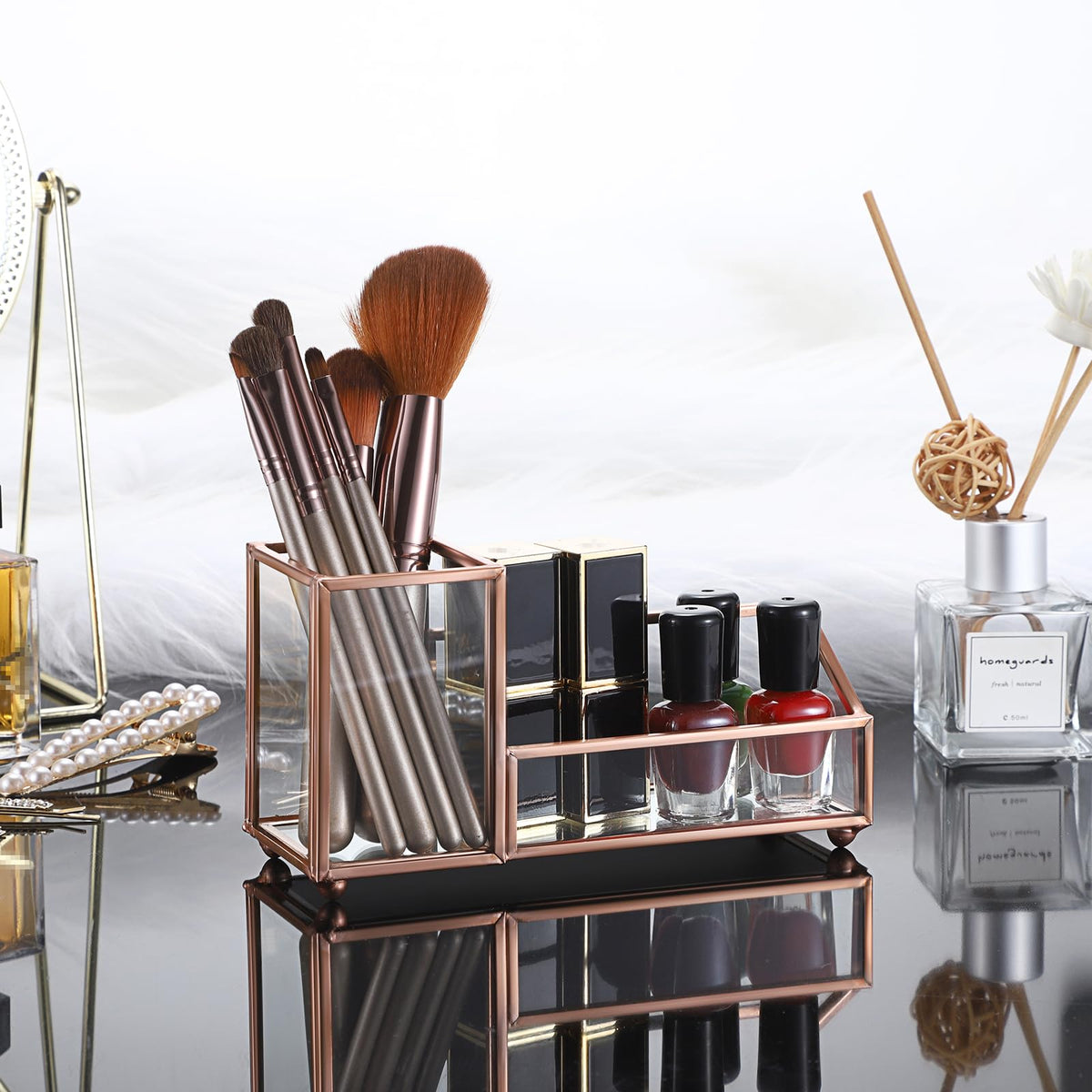 Hipiwe Glass Business Card Organizer with Pen Holder for Women, Rose Gold