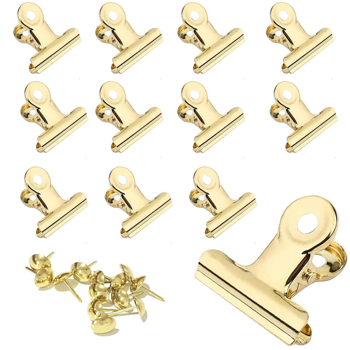 YUCHIYA 12 Pack Bulldog Clips with Push-pins for Corkboard,Metal Clips for Crafts, Metal Binder