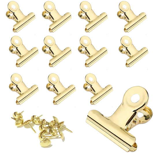 YUCHIYA 12 Pack Bulldog Clips with Push-pins for Corkboard,Metal Clips for Crafts, Metal Binder