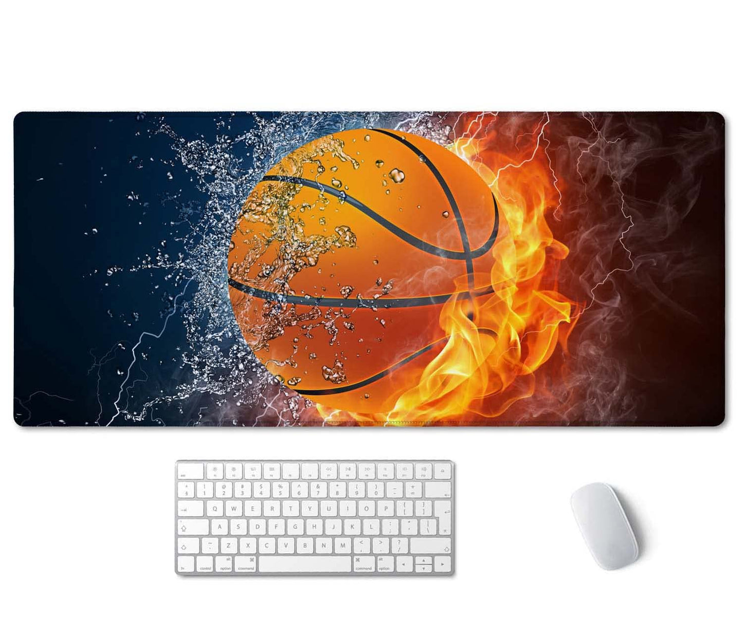 SSOIU Extended Gaming Mouse Pad (35.5x15.7 in), Basketball Ball in Fire and Water Large Non-Slip