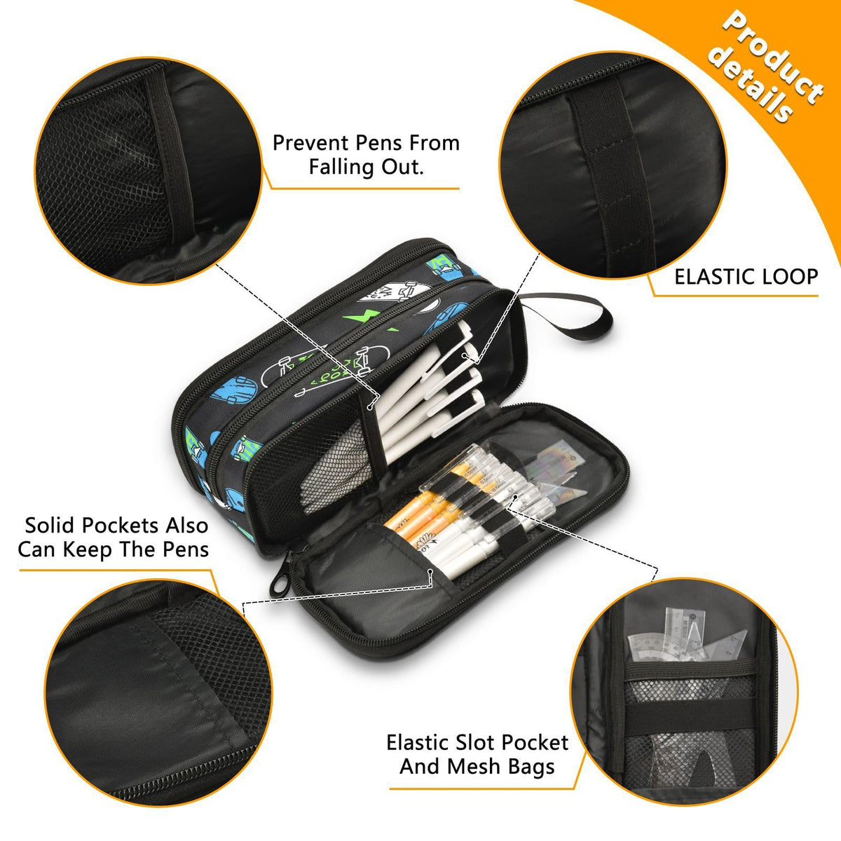 BOENLE Skateboard Lightning Pencil Case Box Boys Girls Large Pencil Pouch Zipper Compartments Big