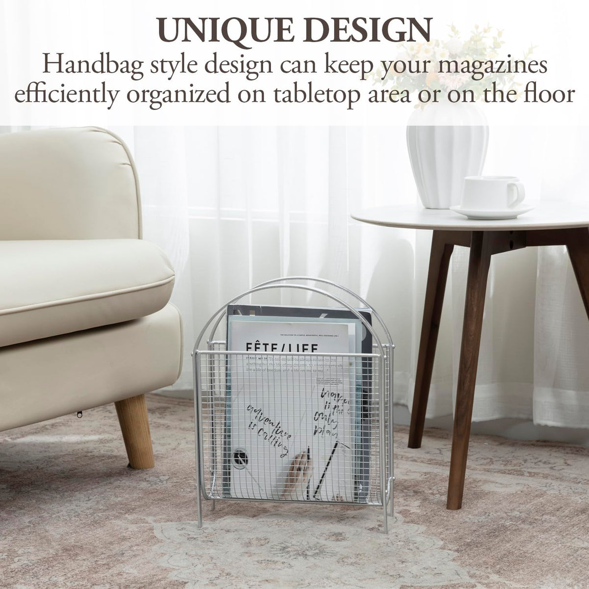 MyGift Mid-Century Silver Metal Mesh Magazine Rack, Freestanding Holder