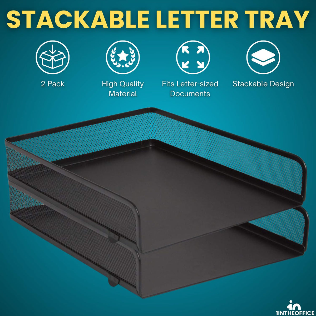 1InTheOffice Desk Trays Stackable Letter Tray, Matte Black Wire Mesh Front-Load Paper Tray