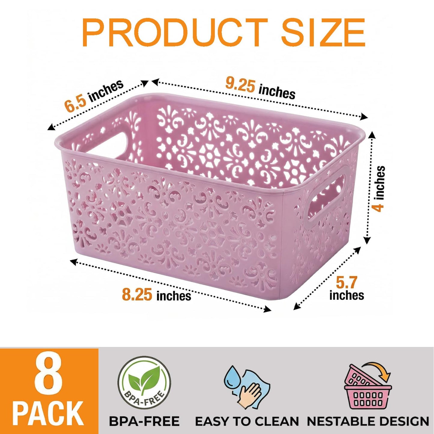 Frcctre 8 Pack Plastic Storage Baskets, Portable Small Pantry Organizer Baskets Bins with Handle