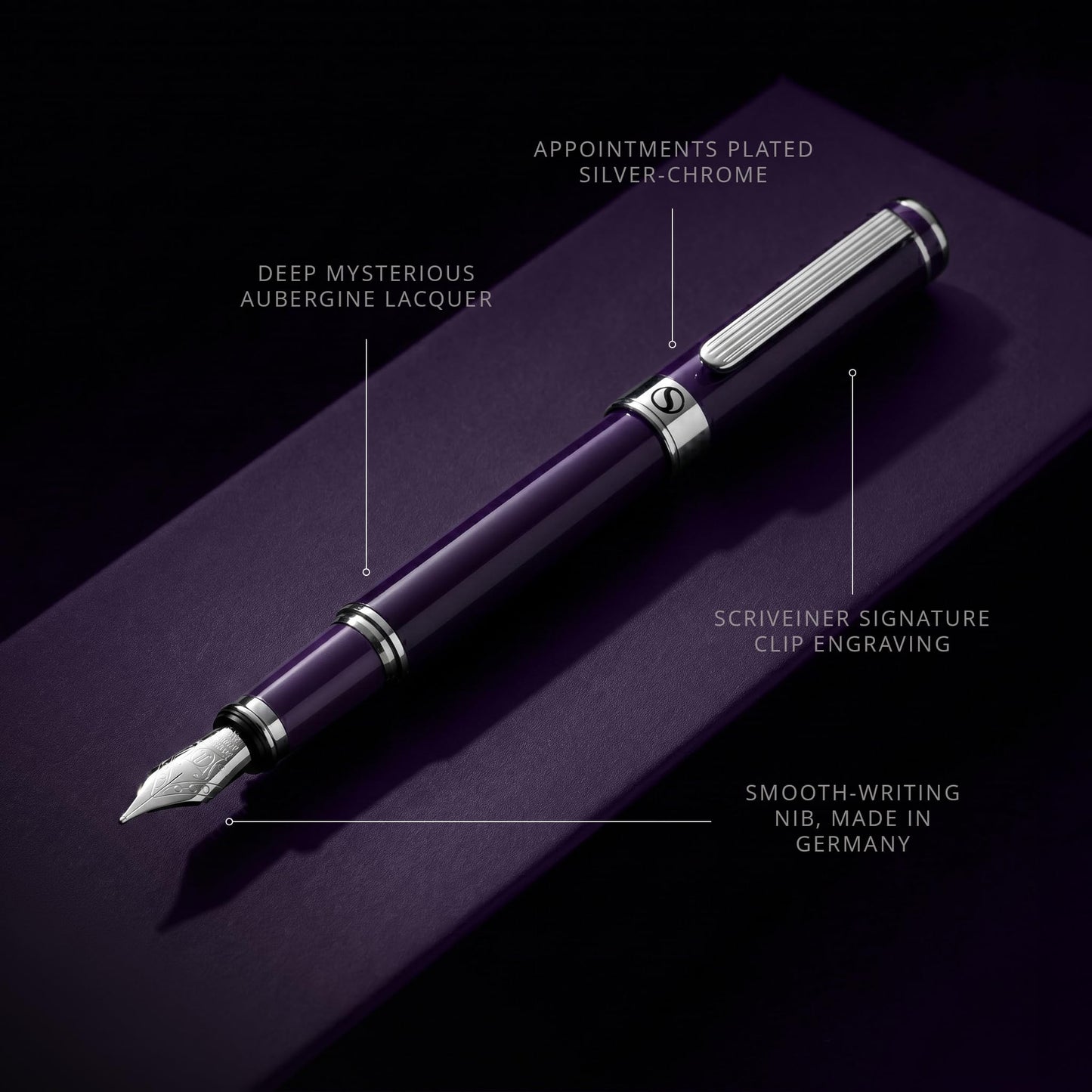 Scriveiner Luxury Fountain Pen - Aubergine, Schmidt Gilded Nib (Medium), Converter, Best Pen Gift